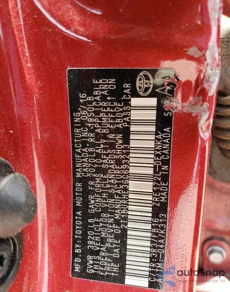 2016 Toyota Corolla L из США, поврежденный, VIN 2T1BURHE3GC693213